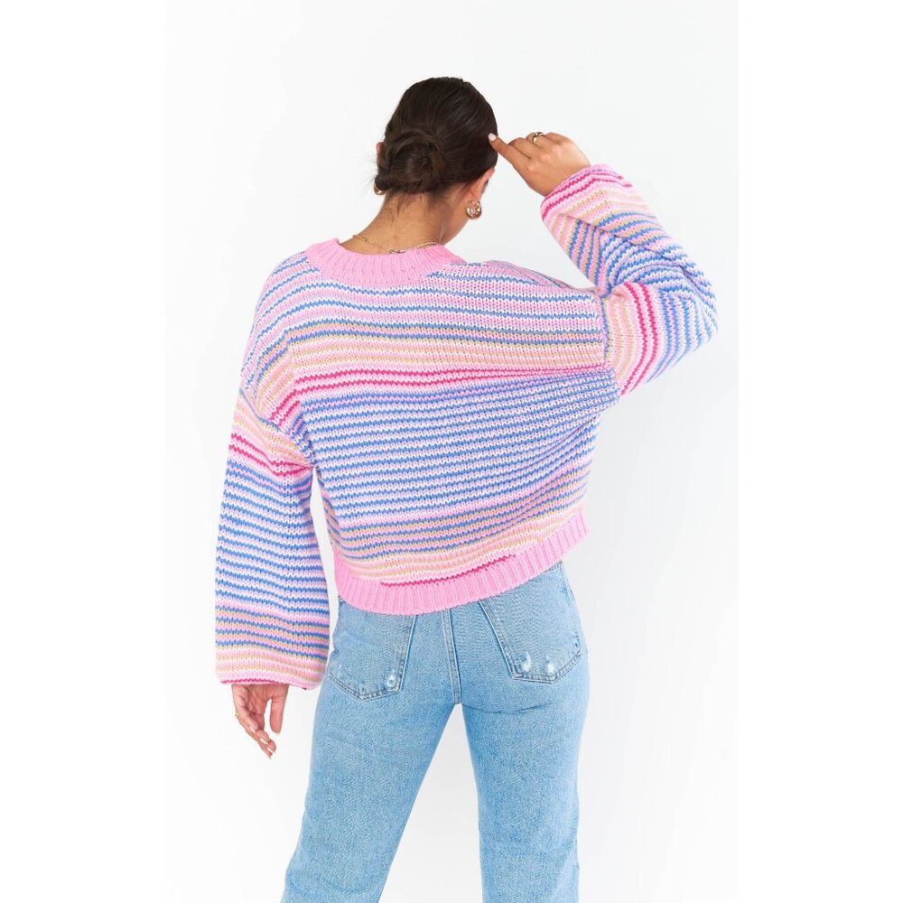 Show Me Your Mumu Pink Multi Stripe Cropped Relaxed Fit Button Up Cardigan 90s - Picture 8 of 16